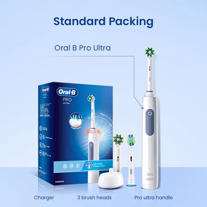 Oral B Pro Ultra Electric Toothbrush 30S Smart Timer Pressure Pro 4 Modes Gum Care Deep Clean Tooth Brushes with 3 Brush Heads