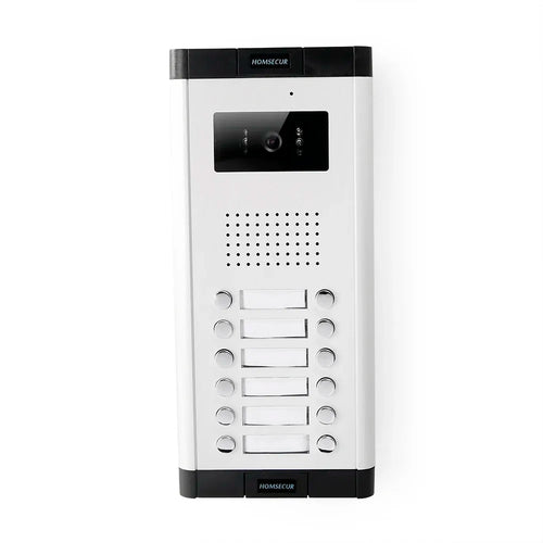 Flush-mount outdoor video doorbell intercom in white and black, front call-button panel view