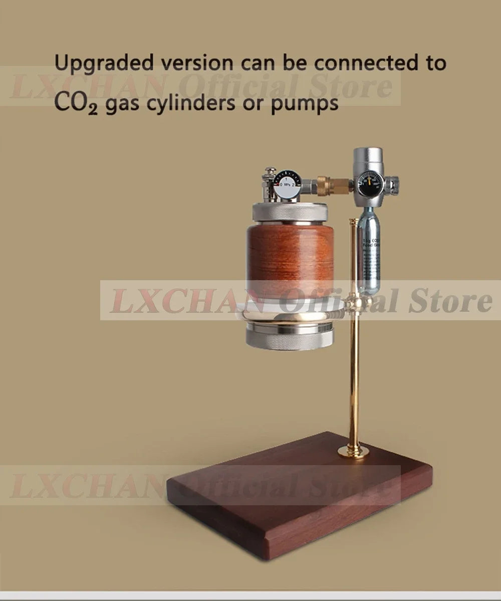 LXCHAN portable coffee maker with wood and metal finish, CO2 cylinder connector, pressure gauge, and wood base stand.