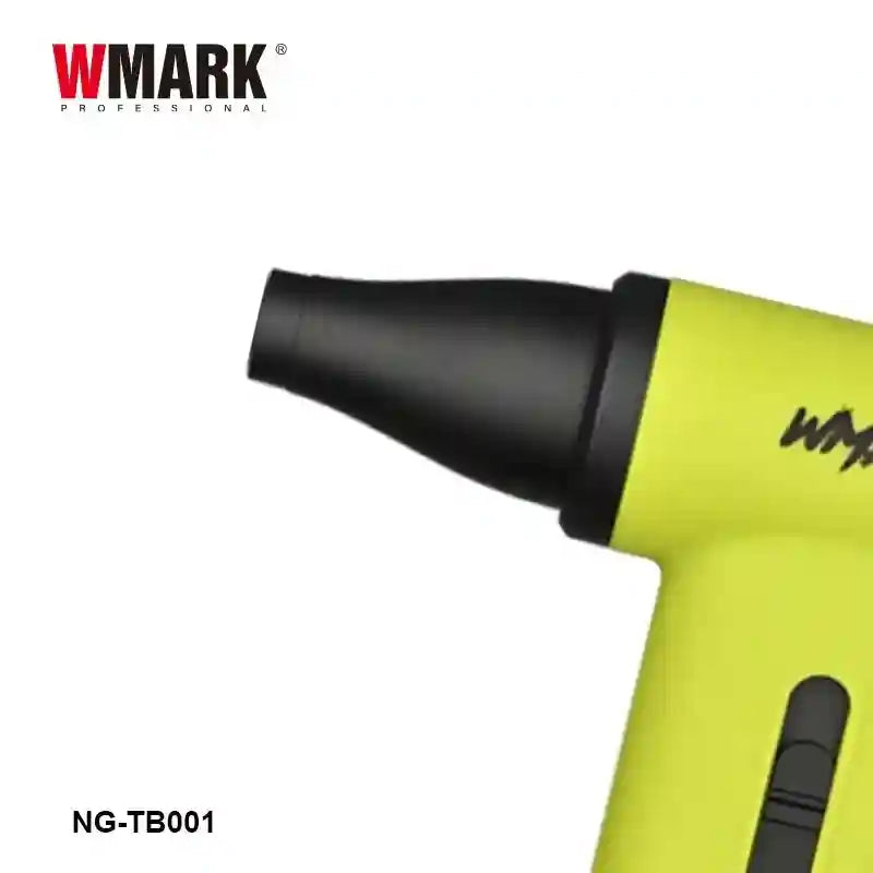 WMARK NG-TB001 cordless neon yellow handheld high-speed duster and hair dryer with sleek black nozzle attachment.