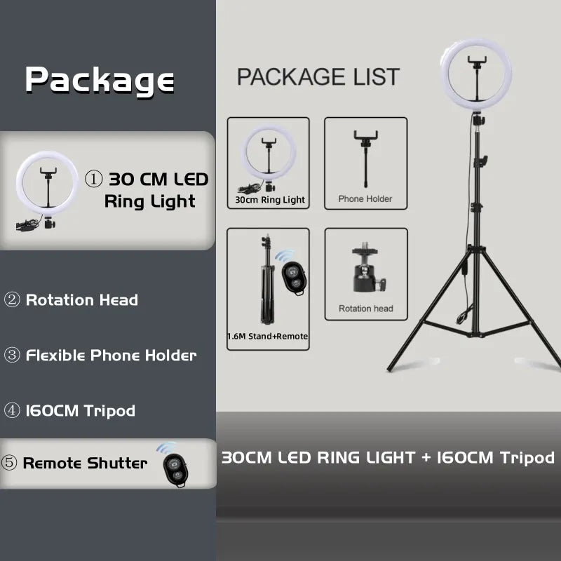 LED Ring Light with Stand 12-Inch | Adjustable Content Creation Lighting 12in Ring BK160cm Tidesmit
