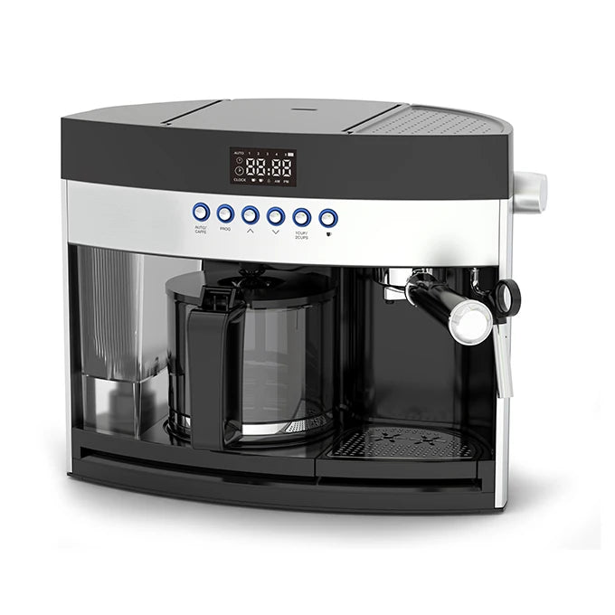 Black and silver dual coffee maker with digital display, glass carafe, and side steam wand on white background.