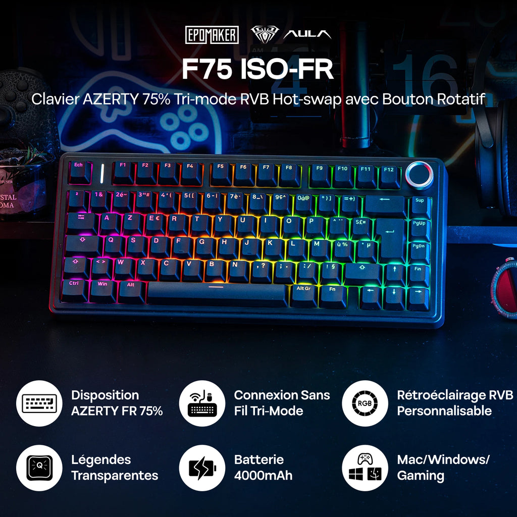 ISO-FR Layout AULA F75 75% AZERTY French Layout Wired/Bluetooth/2.4G Wireless Mechanical Gaming Keyboard RGB Backlighting 4000mAh Battery For Win/Mac