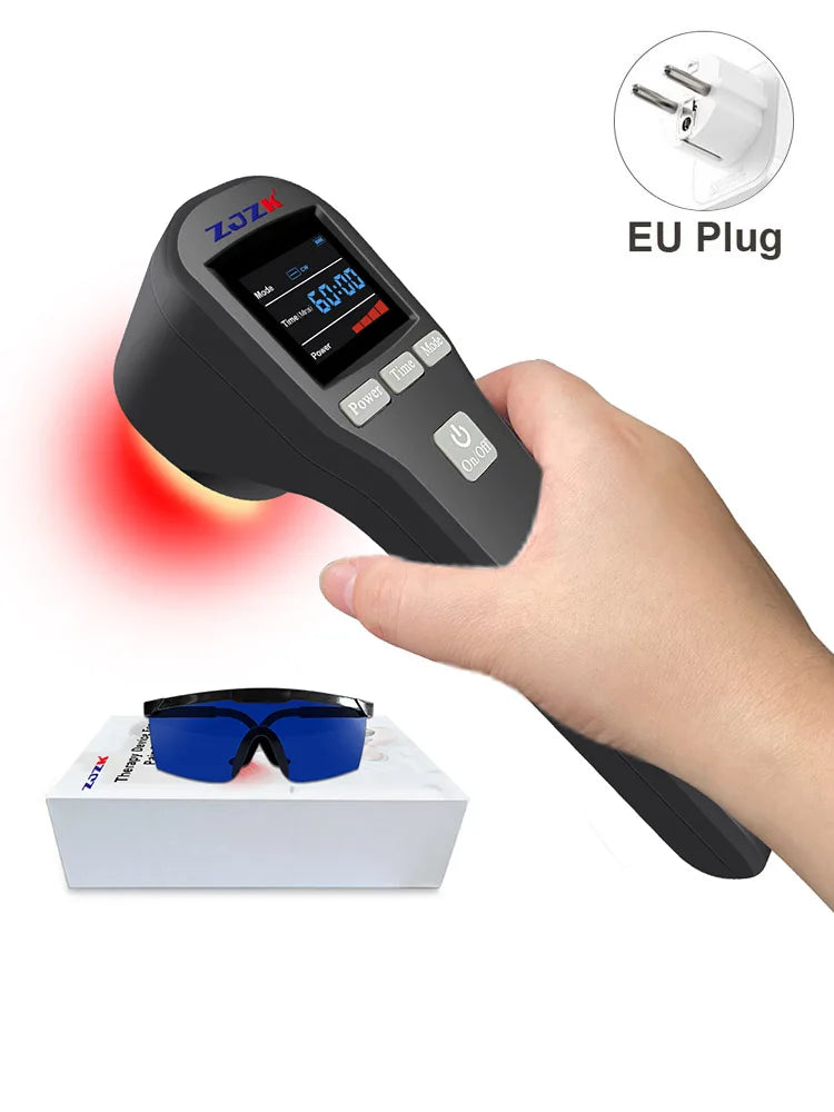 Handheld black infrared red light therapy device with digital screen, protective goggles, and EU plug.