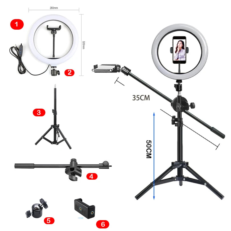 10-inch LED ring light with adjustable tripod stand, phone holder, and boom arm for photography and video streaming.