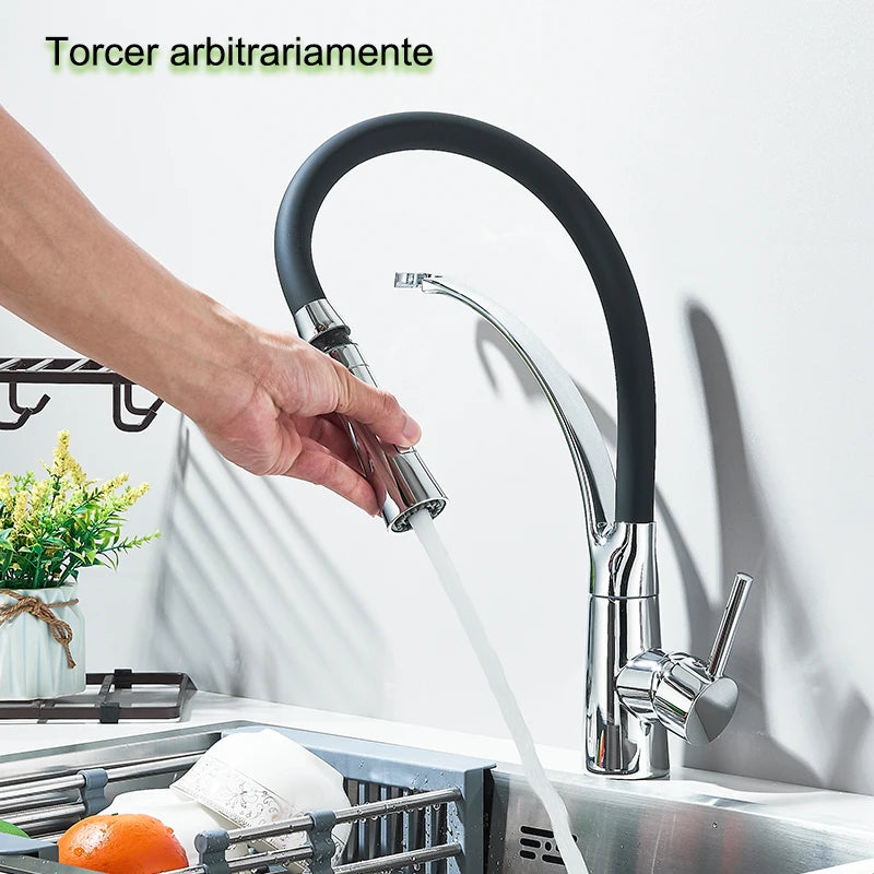 Rubber Kitchen Faucet Mixer Tap Rotation Pull Down Stream Sprayer Taps Hot Cold Water Tap with Single Handle Kitchen Tap
