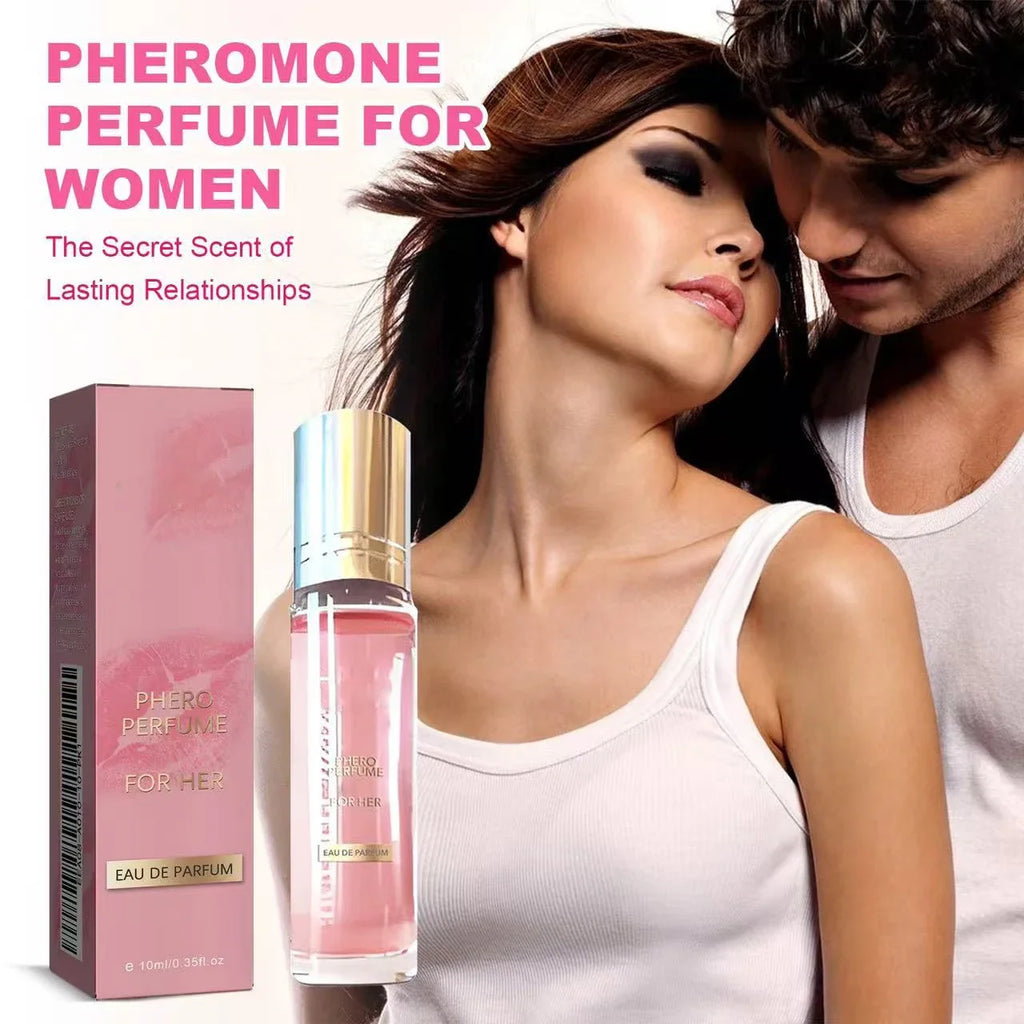 Flirting Pheromone Eau de Parfum for Women. Long-lasting sexy fragrance oil in a slim, clear, pink rectangular bottle.