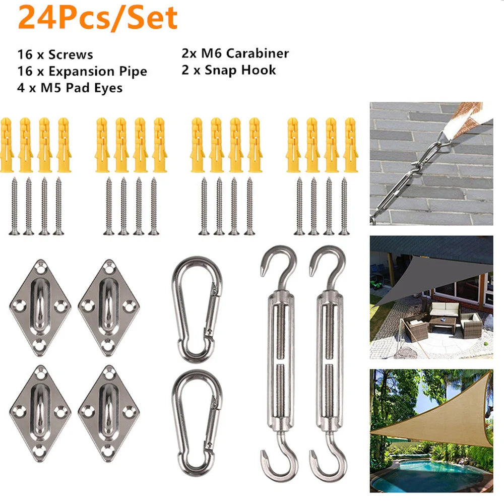 Sun shade sail installation hardware set with screws, expansion anchors, hooks, and carabiners