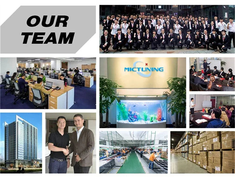Collage showing corporate team members, office workspace, manufacturing facility, and warehouse with cardboard boxes.