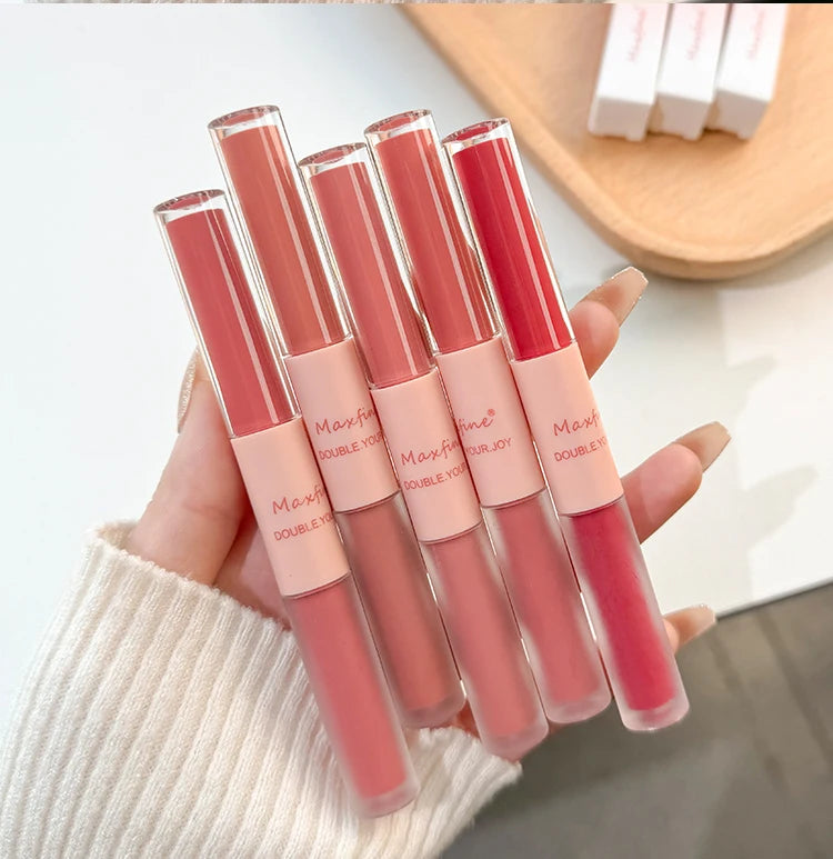 Double-headed waterproof lip gloss set in matte and velvet finishes with assorted pink and red shades.
