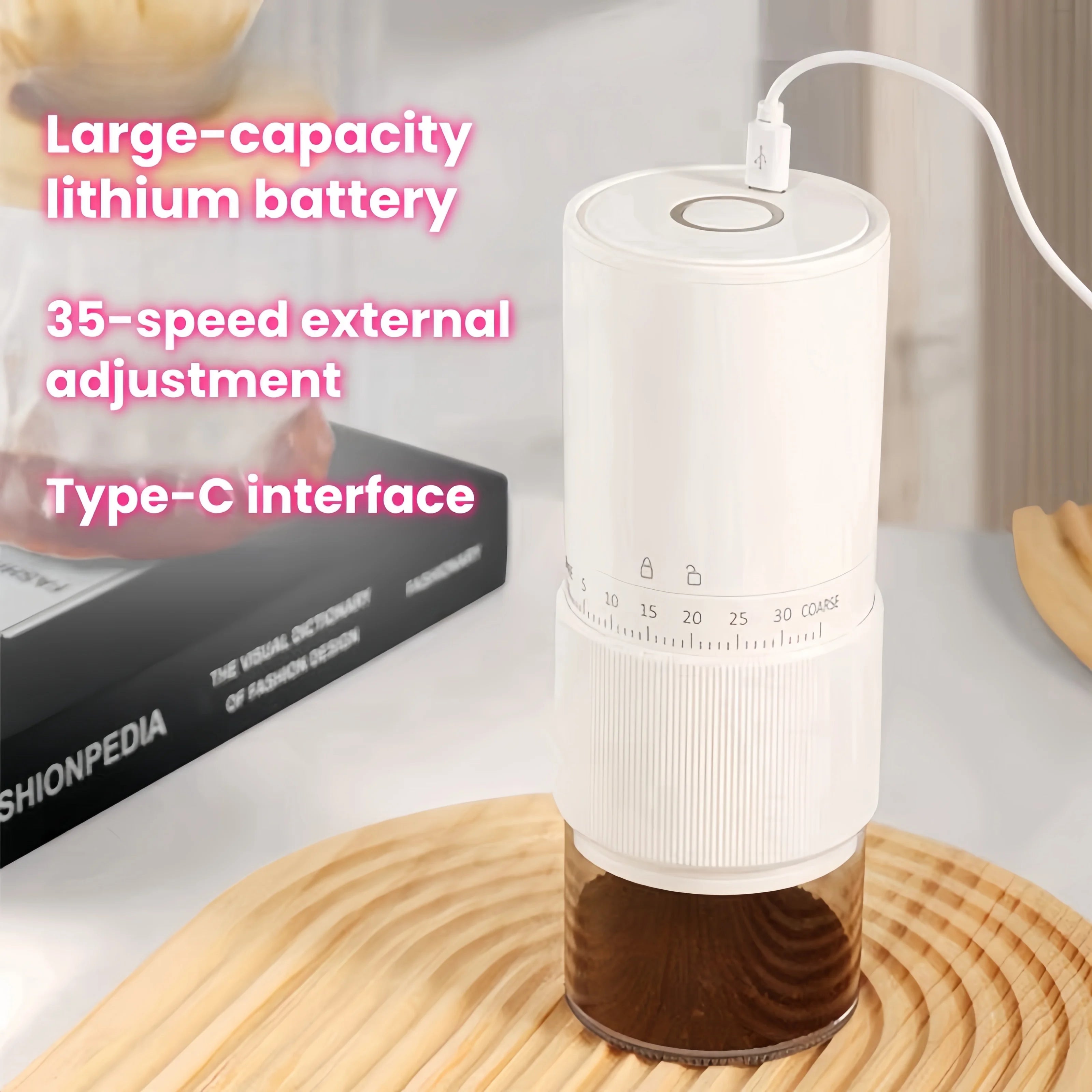 White portable electric coffee grinder with 35-speed adjustment, Type-C charging, and rechargeable lithium battery.