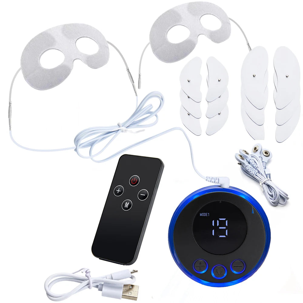 Electric EMS eye massage device with remote, blue control unit, face lifting pads, and cables for anti-wrinkle care.