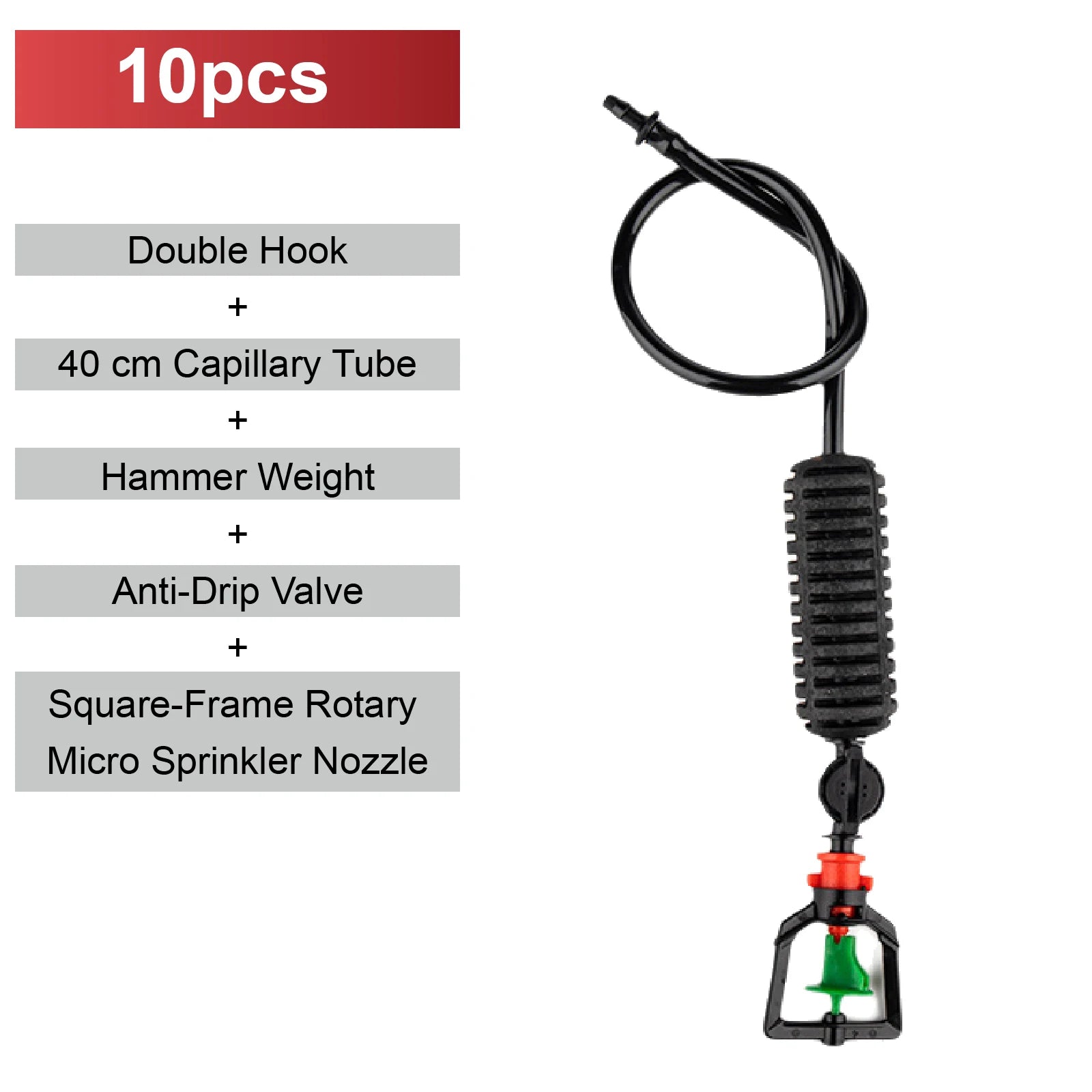 Black mist micro sprinkler nozzle kit with capillary tube, anti-drip valve, and green base
