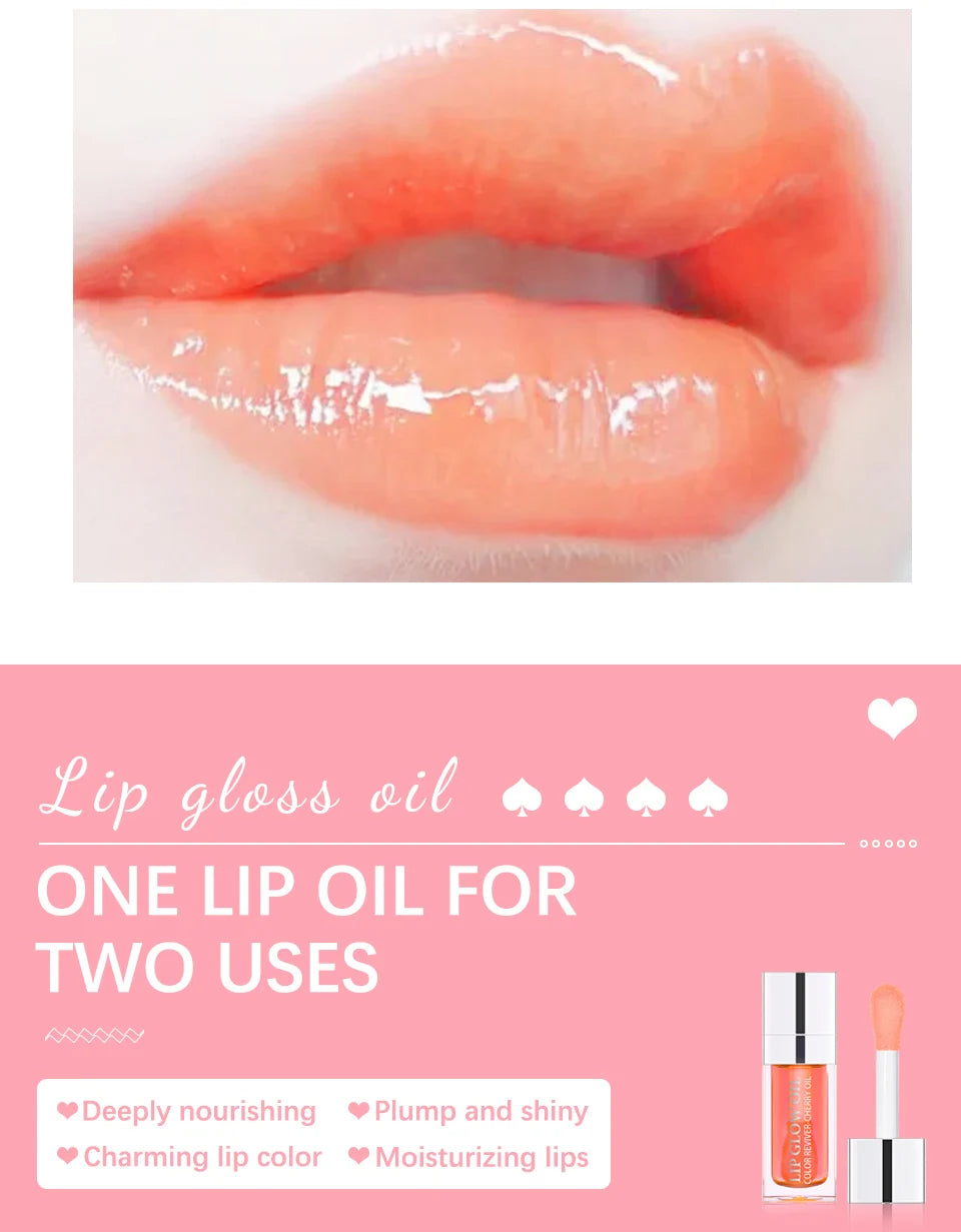 Close-up of glossy, plumped lips wearing hydrating peach-tinted crystal jelly lip oil for a shiny makeup finish.