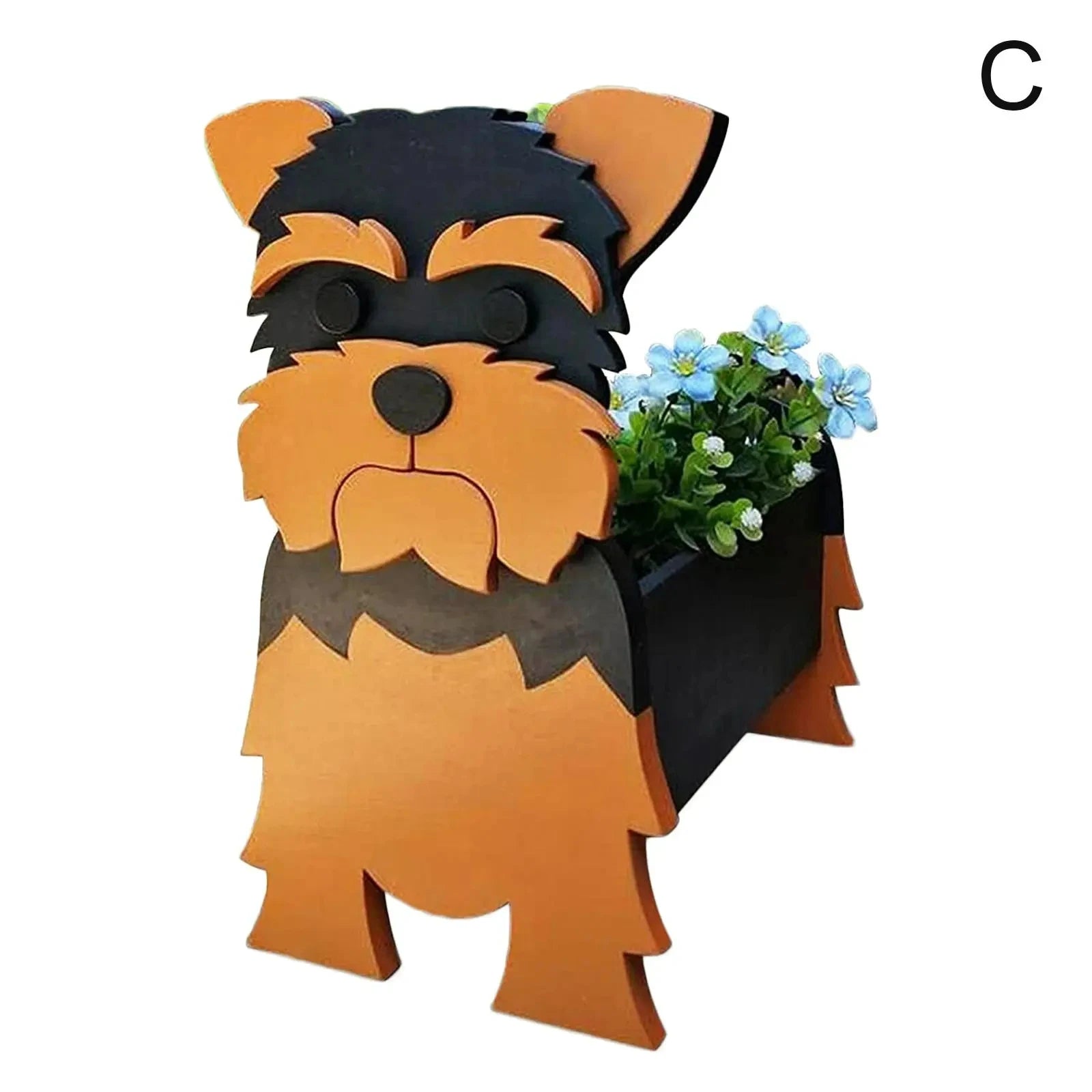 Tidesmit black and tan dog-shaped PVC garden planter holding a small bunch of light blue artificial flowers.