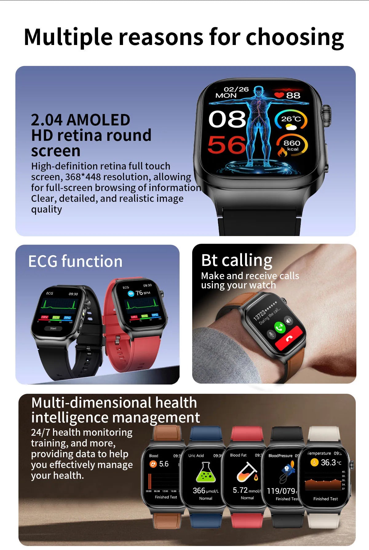 2026 New Hospital Level Health Smart Watch Body Fat ECG Blood oxygen BP Health AMOLED Screen HD Call Sport Smart Watches For Man
