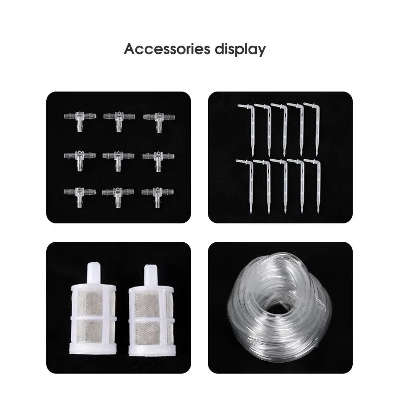Irrigation kit accessories set with drip valves, stakes, and clear tubing roll