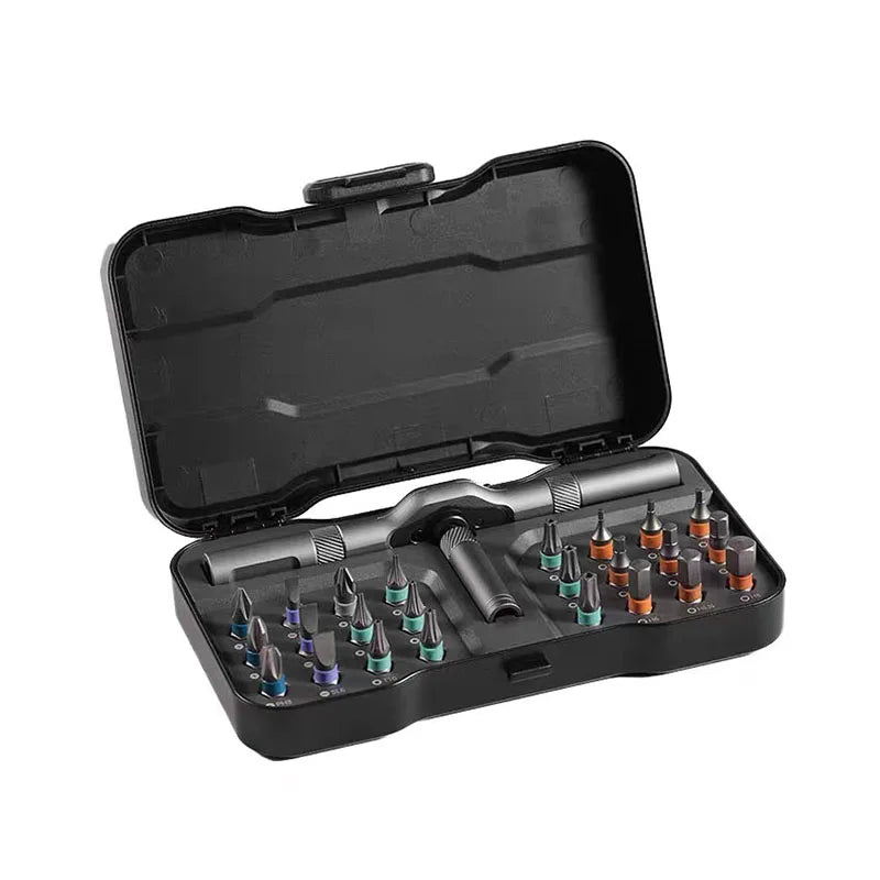 Magnetic screwdriver set in black hard case with bit holders and mixed colored tips