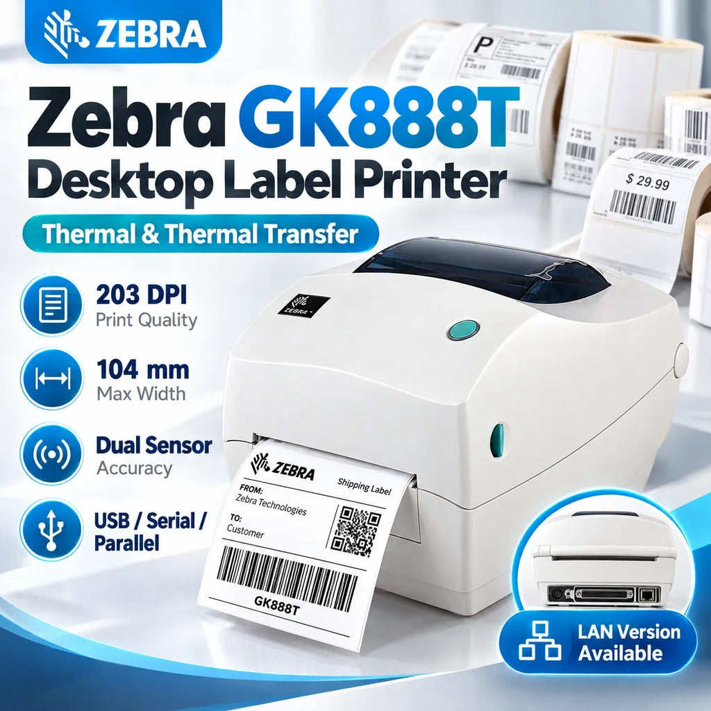 Zebra GK888t desktop label printer with front display and printed label examples