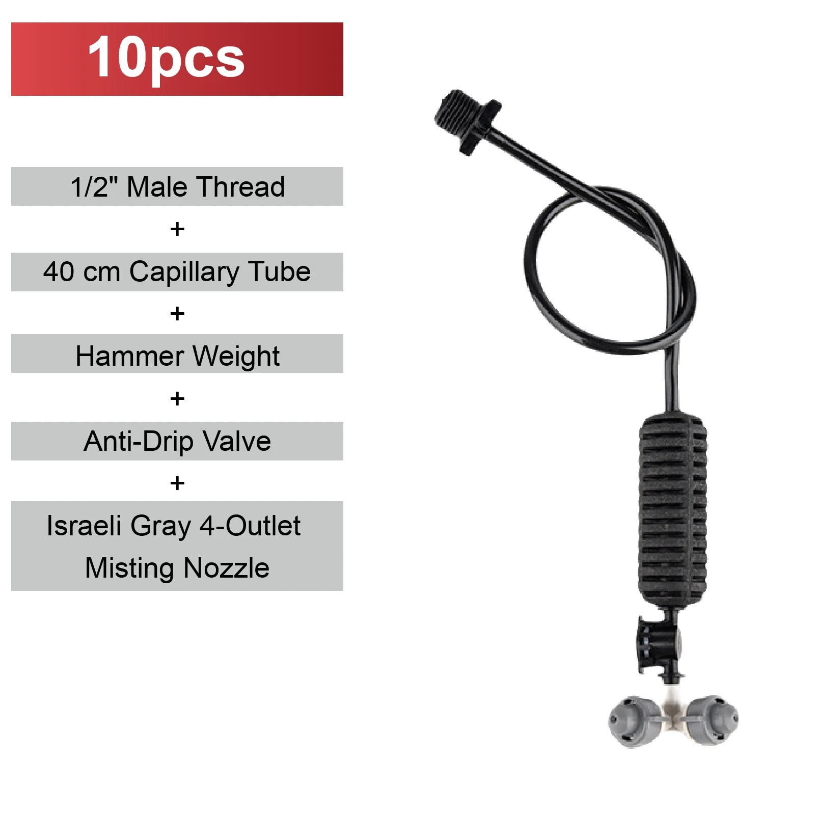 Gray 4-outlet mist nozzle with 1/2 in male thread, capillary tube and anti-drip valve