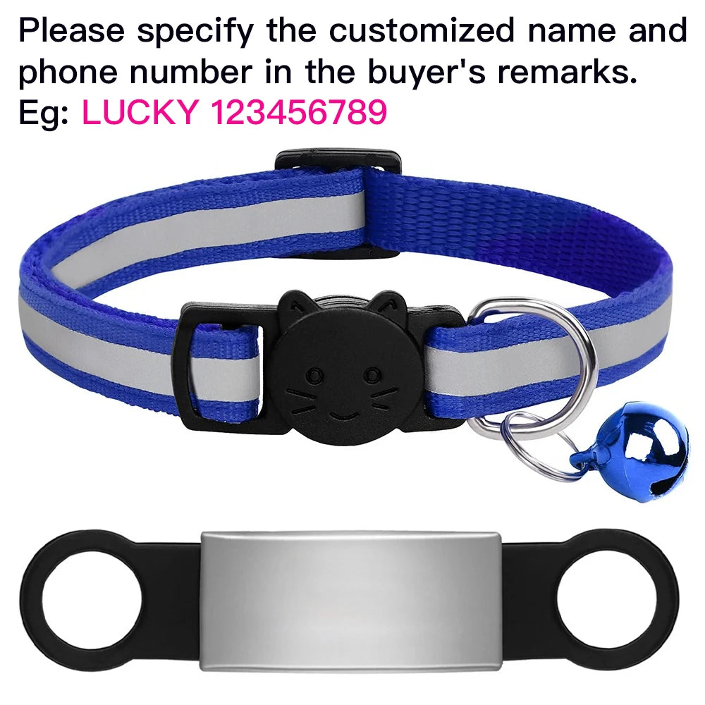 Blue reflective cat collar with customized ID tag, safety bell, and anti-lost nameplate for kittens and puppies.