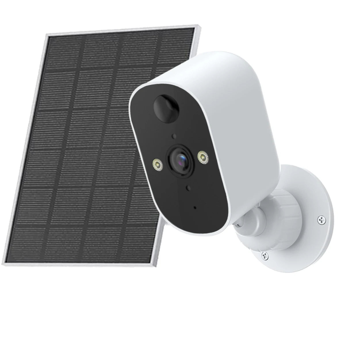 Outdoor solar security camera with white housing and black lens front, plus solar panel