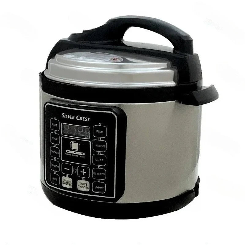 Silver electric pressure cooker with black handle and digital control panel