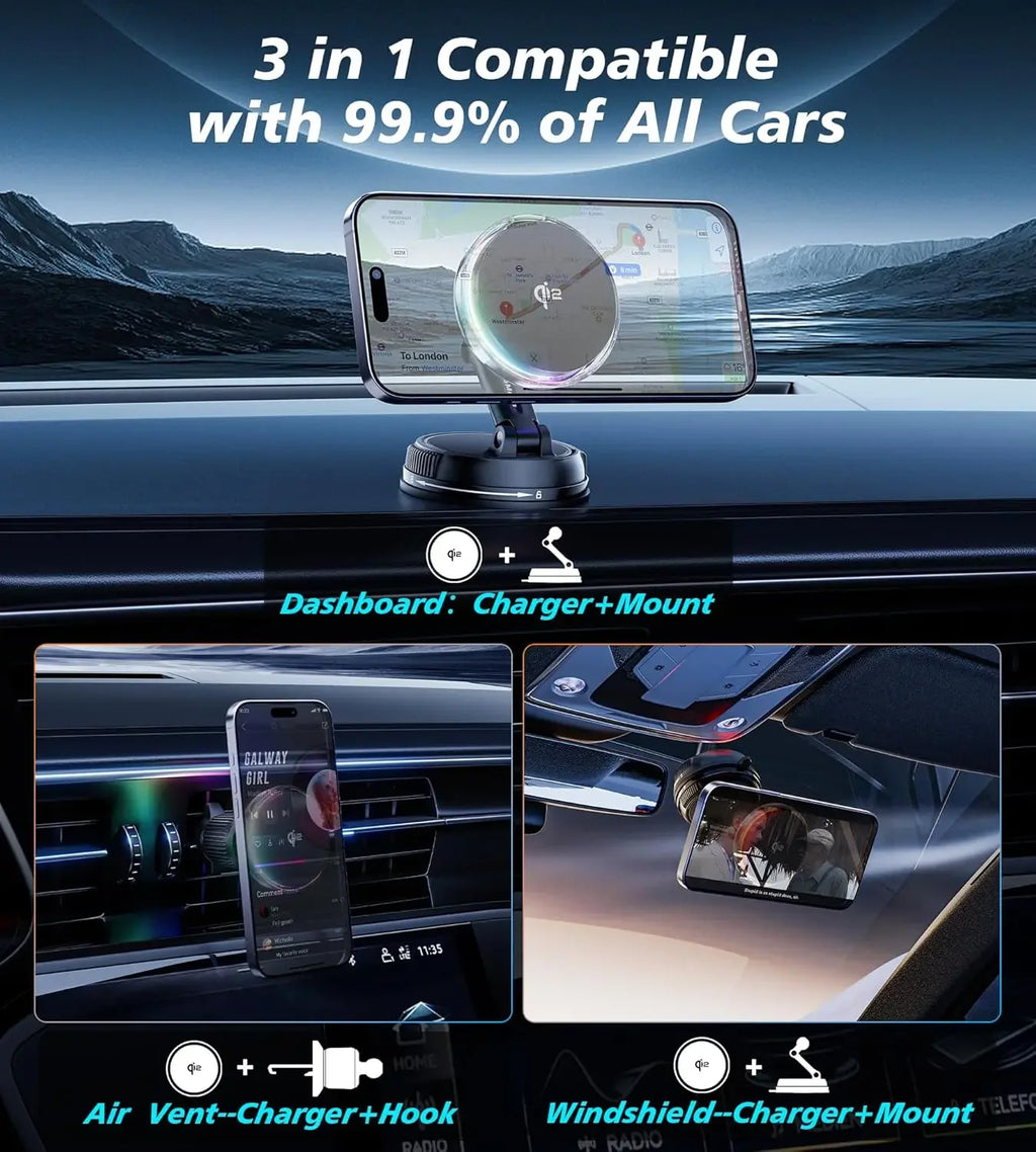 Magnetic Wireless Car Charger with RGB Cooling Fan - Black Tidesmit