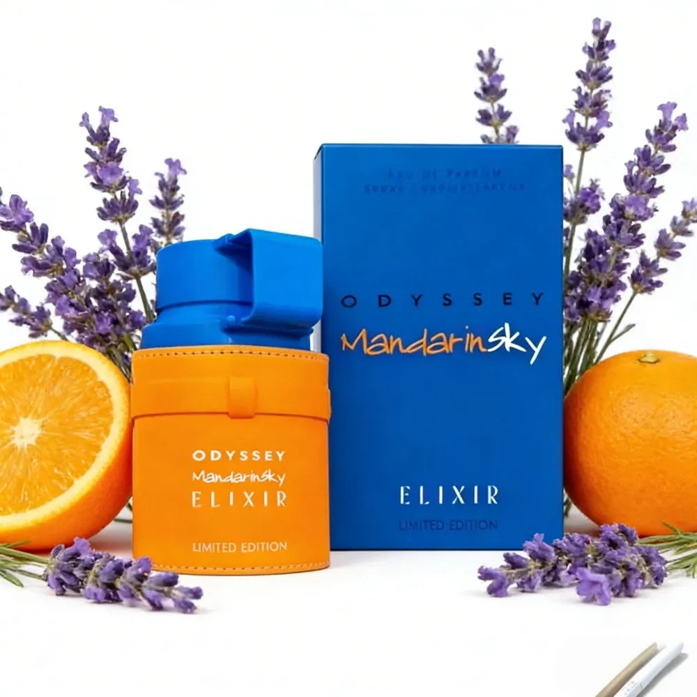Odyssey Mandarin Sky Elixir EDP: Unisex Arabic luxury perfume with citrus, lavender notes in a sleek orange/blue bottle.
