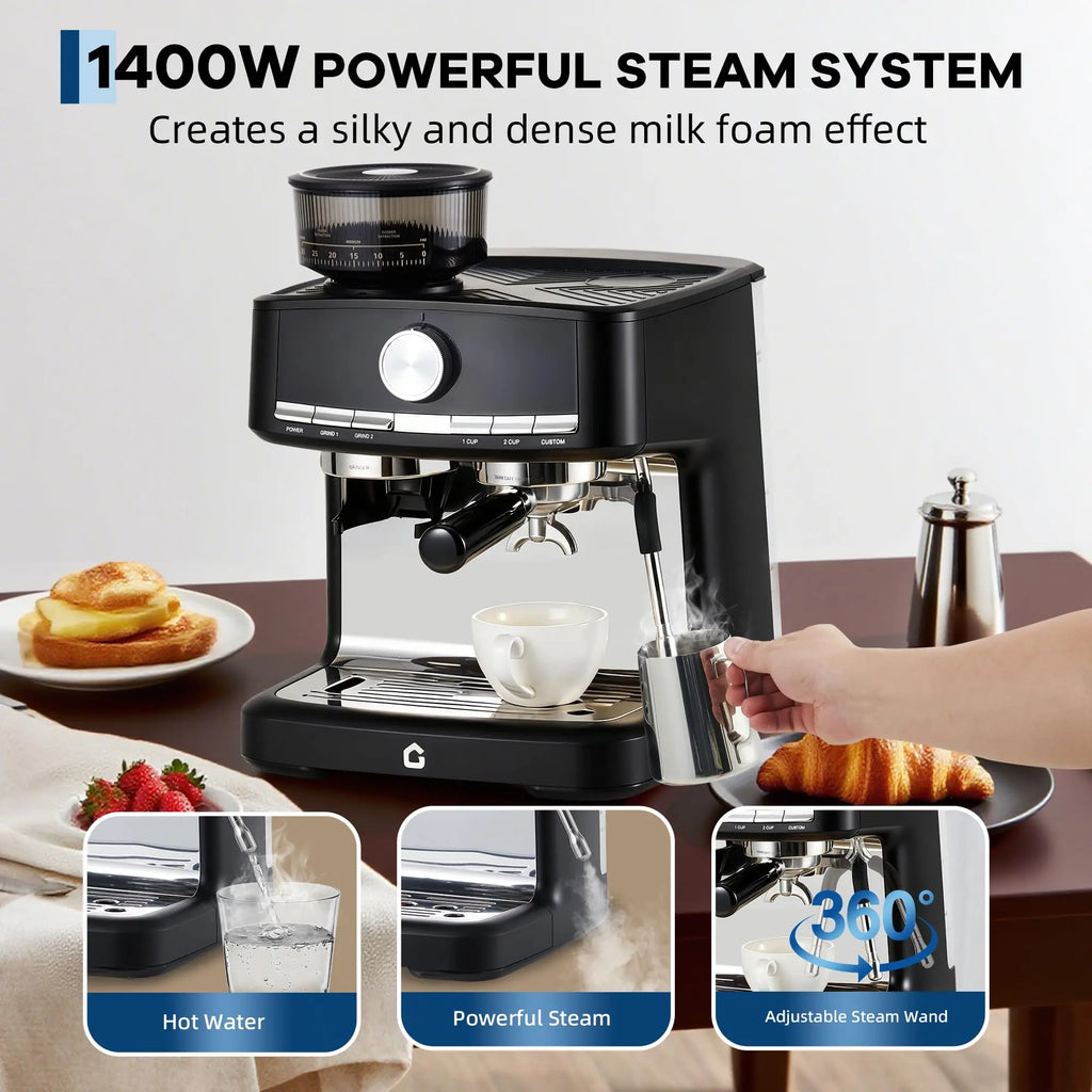 Black 1400W espresso machine with built-in grinder, 360-degree steam wand, and stainless steel accents for home barista.