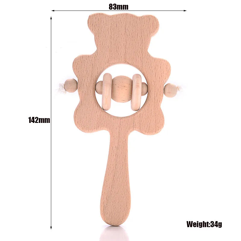 Natural wooden bear teething toy in light beige for baby teething relief.
