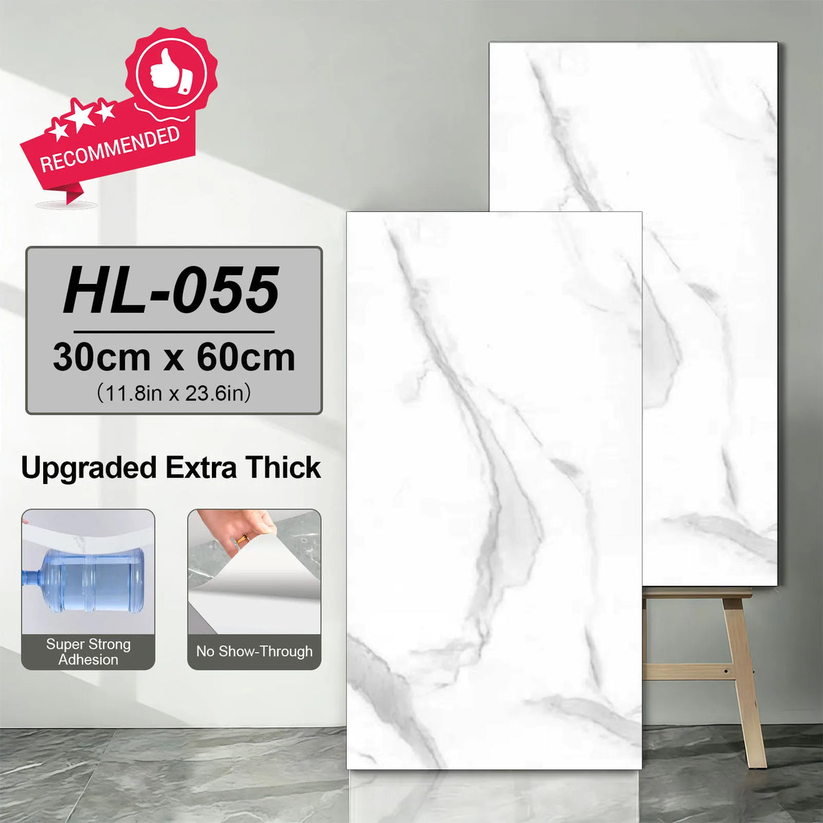 Extra-thick white marble tile sticker with soft gray veining, ready-to-apply sheets
