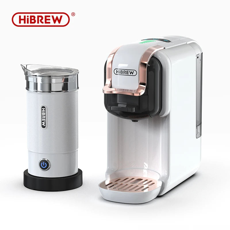 HiBREW white and rose gold compact capsule coffee machine and electric milk frother set on white background.