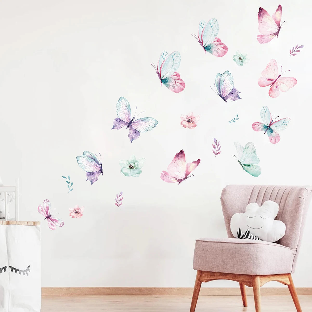 Multicolor watercolor butterfly wall stickers with small flowers and leaves on a wall
