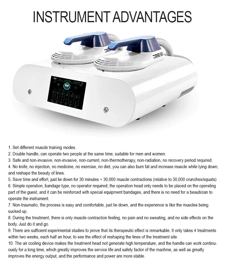 HIEMT EMS NEO body sculpt machine with double handles, digital screen, white finish for muscle building and fat loss.
