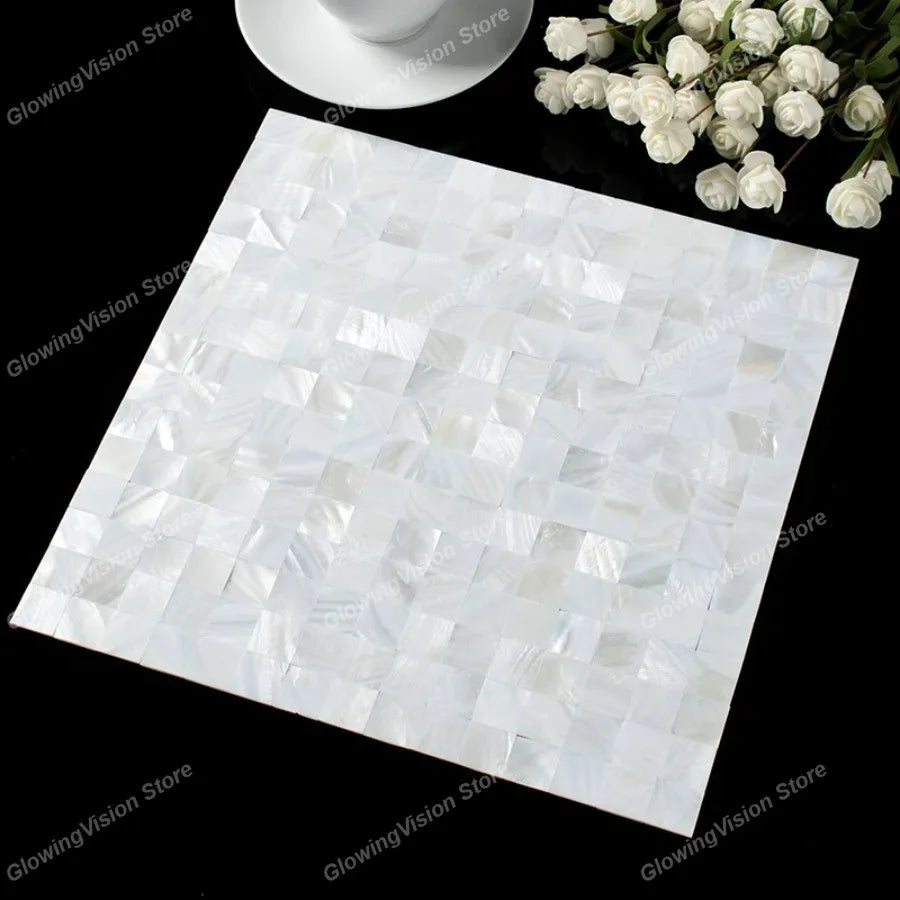 All-white mother-of-pearl mosaic tile sticker sheet with glossy square tile design
