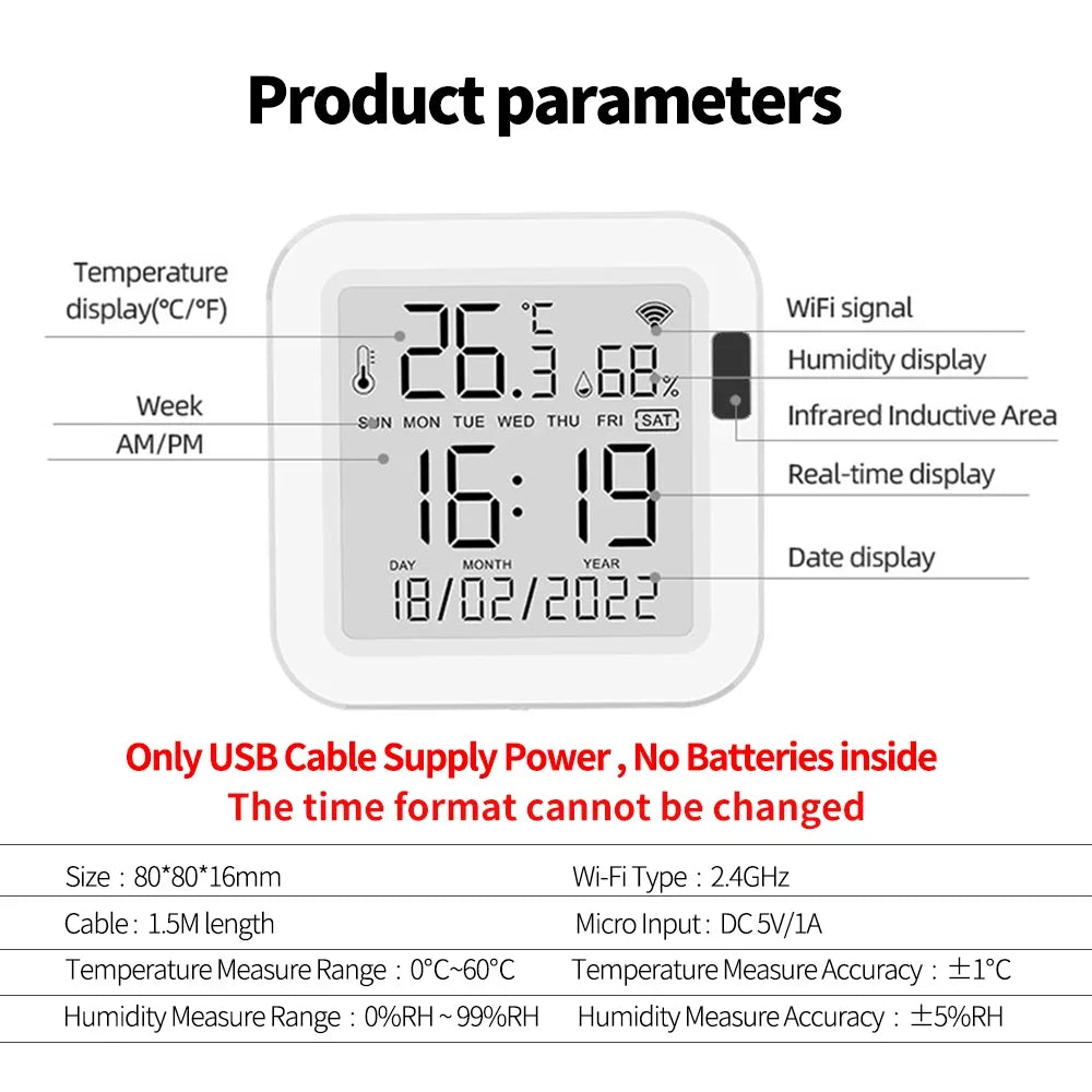 WiFi Temperature Humidity Sensor - Backlit Smart Climate Monitor Tidesmit