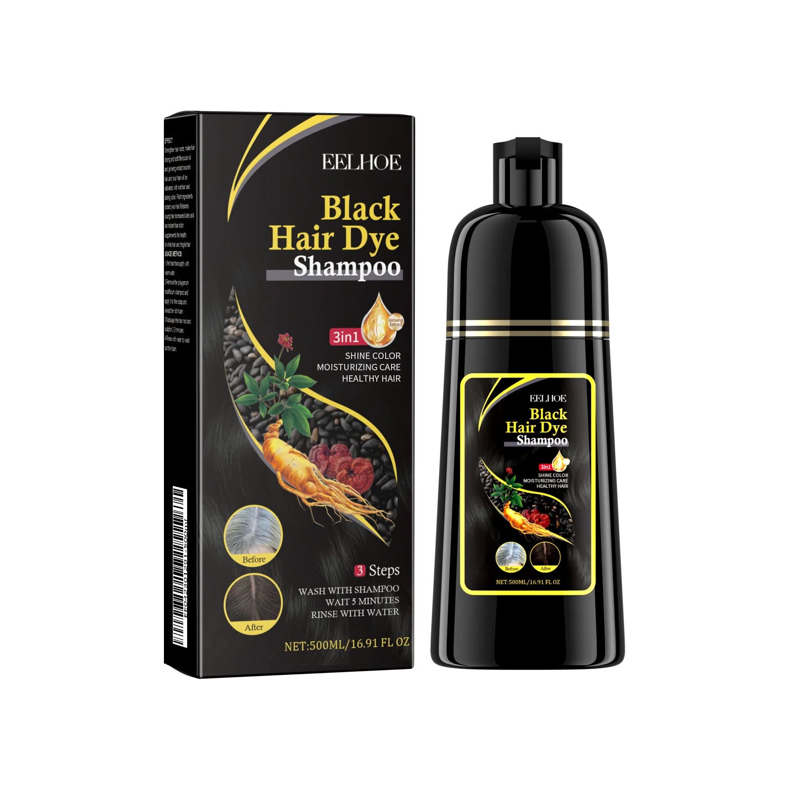 EELHOE White Hair Darkening Shampoo Covers Gray Hair Dye Cleaning Smooth Ginseng 3 in 1 Strengthen Hair Shampoo Color Changing