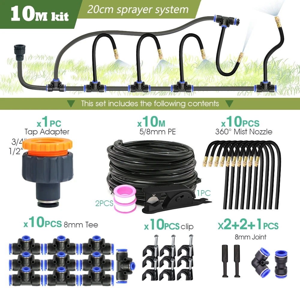 10M misting sprayer kit with 8mm PE hose coil, 360° mist nozzles, clips and joints