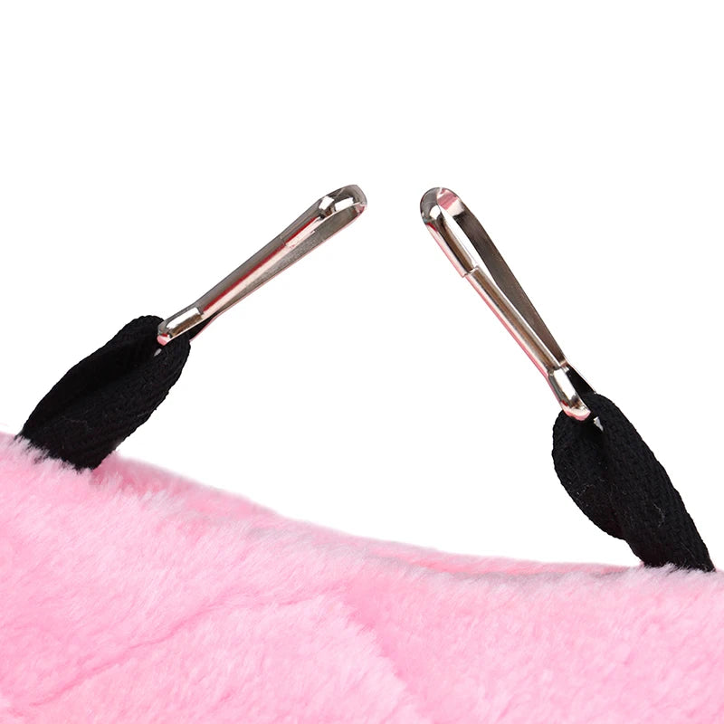 Soft pink plush hanging hammock bed for parrots, hamsters, and small pets with durable metal clips for easy cage setup.
