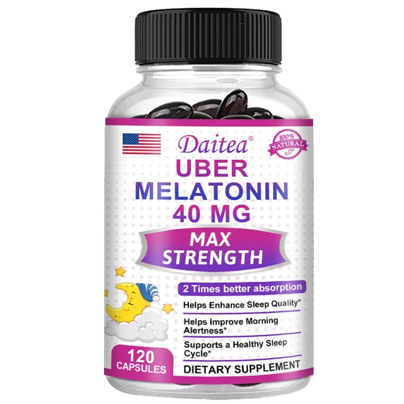 Daitea Melatonin Supplement 40mg Contains Vitamin C Theanine Extract Capsules to Promote Sleep Quality & Alertness Non-GMO
