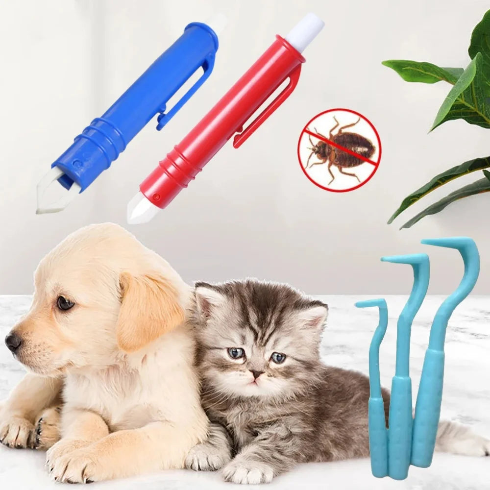 4-piece pet flea and tick removal tool kit for dogs and cats. Easy-to-use blue and red plastic tick tweezers and hooks.
