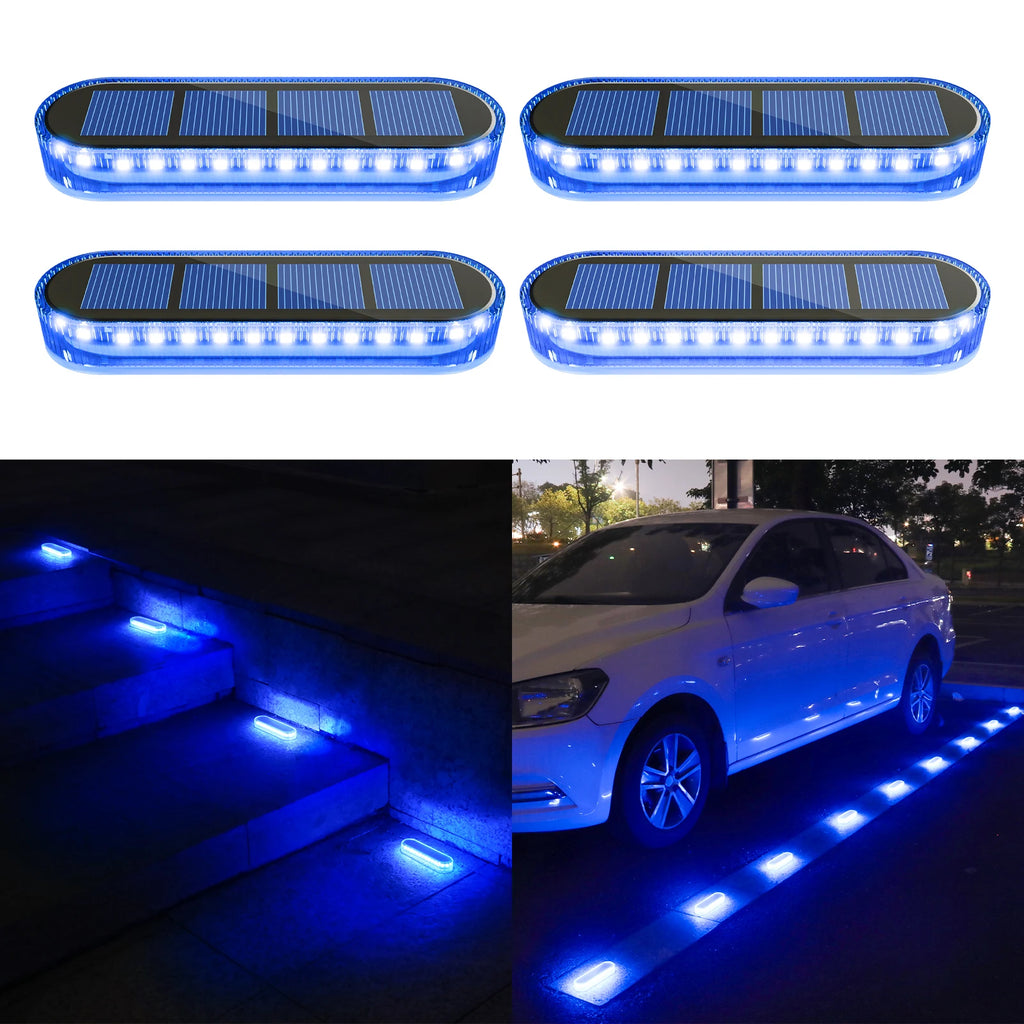 5 Years Lifespan 4 Pack Solar LED Deck Lights Blue Auto On/OFF Outdoor Waterproof IP68 Anti-pressure 5 tons Solar Garden Step Lights for Stairs Fence Yard Patio Pathway