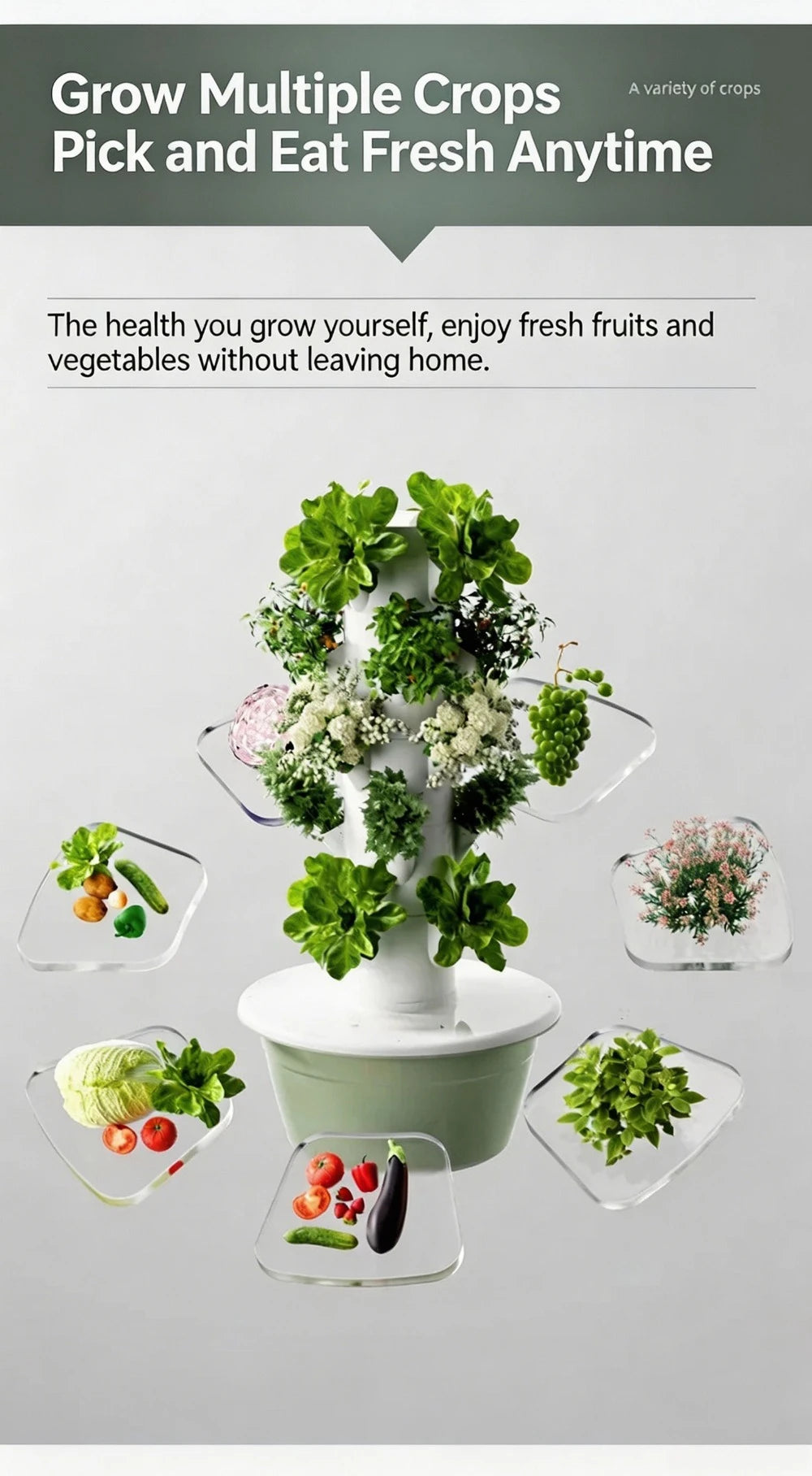 Indoor vertical aeroponic hydroponic growing system with leafy greens in multi-pot layout