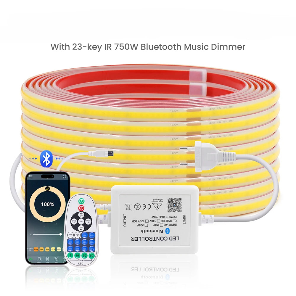 220V Dimmable COB LED Strip Light WIFI Bluetooth Wall Touch 23key Remote Control Power Kit 288LEDs/M Waterproof Flexible Lamp
