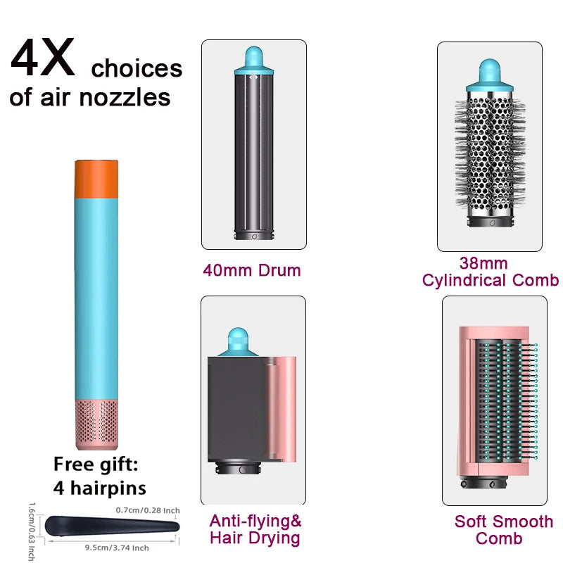 SenCiciMen 6-in-1 multi hair styler kit with 4 interchangeable nozzles, curling drum, and smooth combs for hair drying.
