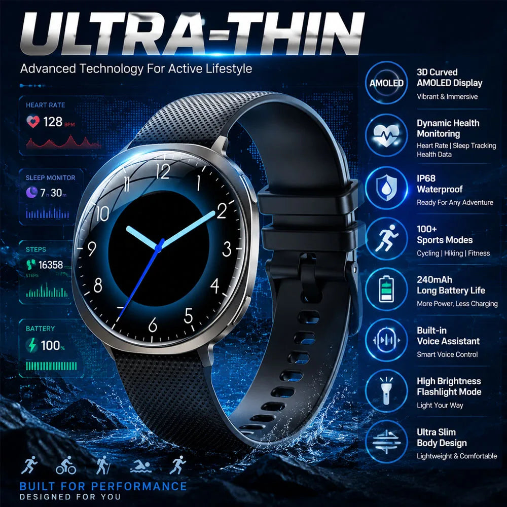 New Smart Watch Tracking Fitness Voice Assistant IP68 Waterproof Flashlight Health Round Curved Screen  Smartwatch Men Women