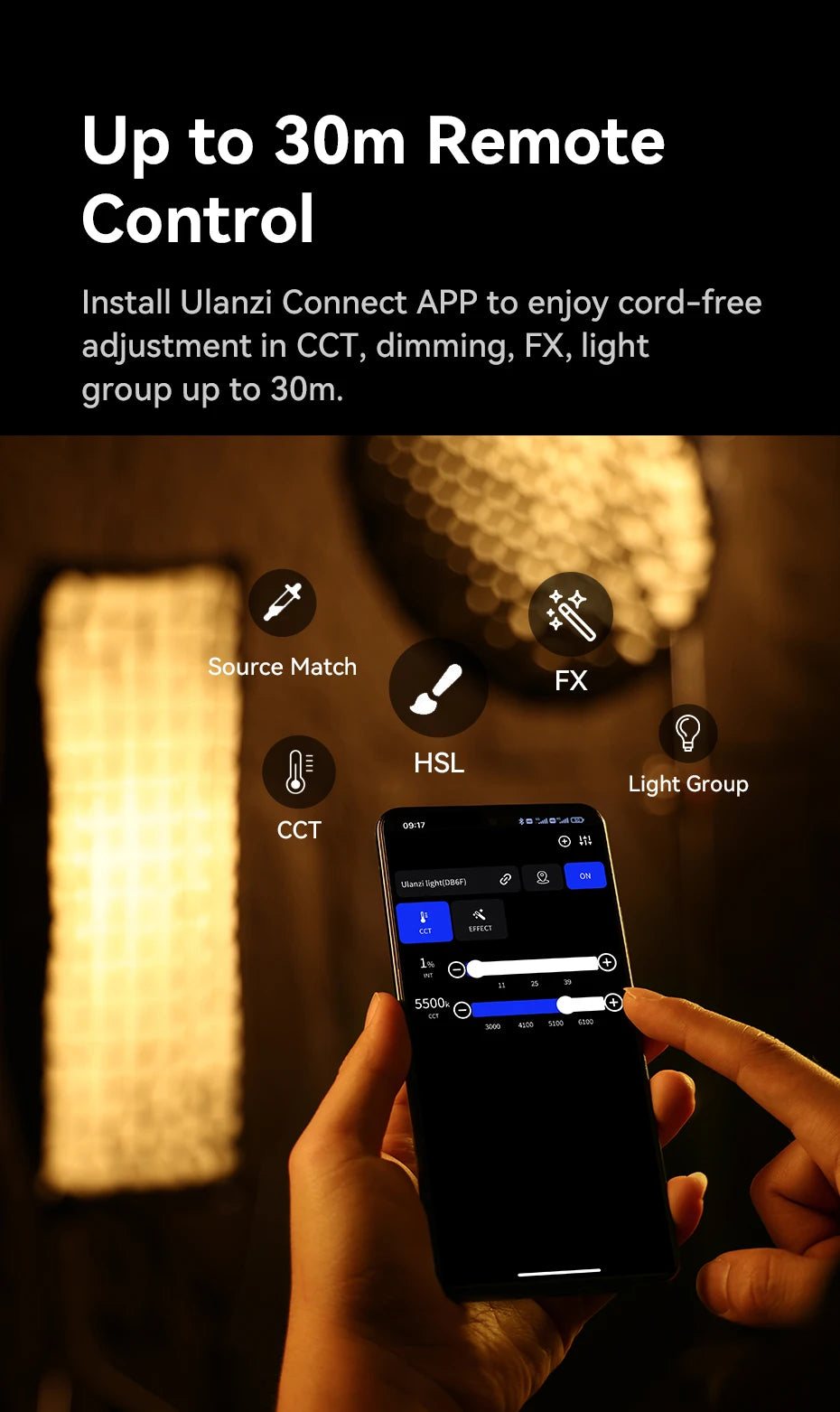 Smartphone app interface for remote LED light control showing CCT, dimming, and FX settings with 30m range.