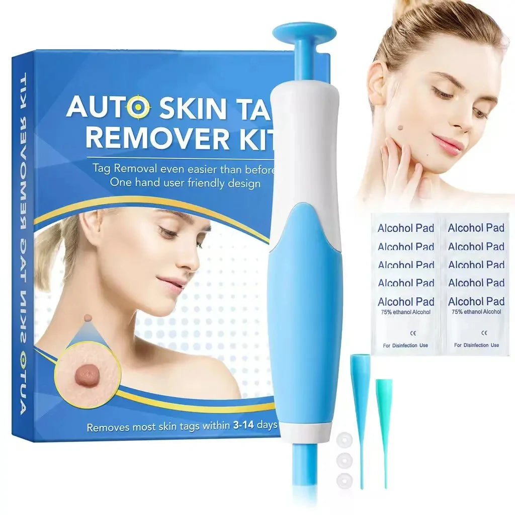 Painless auto skin tag and mole removal kit with blue and white applicator, cleansing pads, and tips for home use.