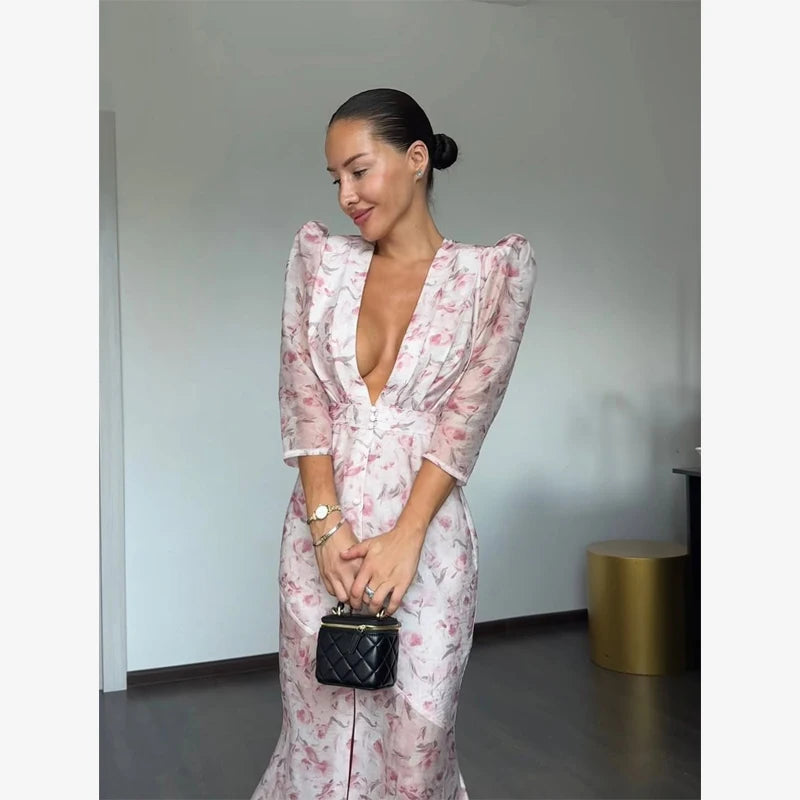 Fashion Sexy Organza Floral Printed Maxi Dress V-neck Puff Sleeve 2026 New Summer Romantic Women Party Gown Elegant Lady Vestido